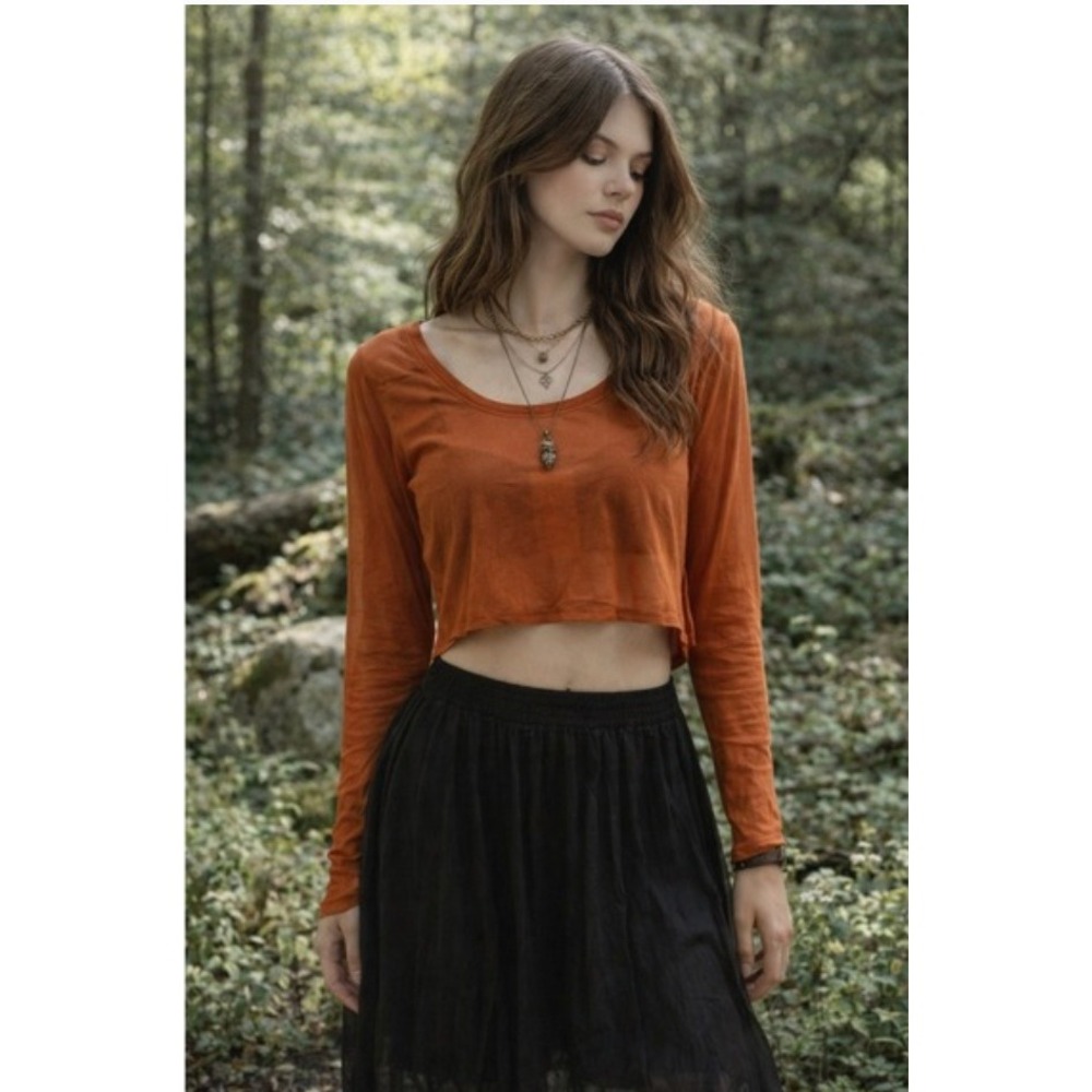 Pretty Angel Womens Burnt Orange Mesh Long Sleeve Crop Top ACR-LS-65350 L/XL NEW